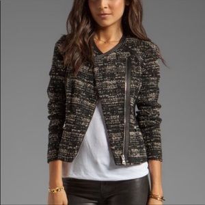 Rebecca Taylor Boucle Tweed & Leather Trim Moto Jacket/Blazer
